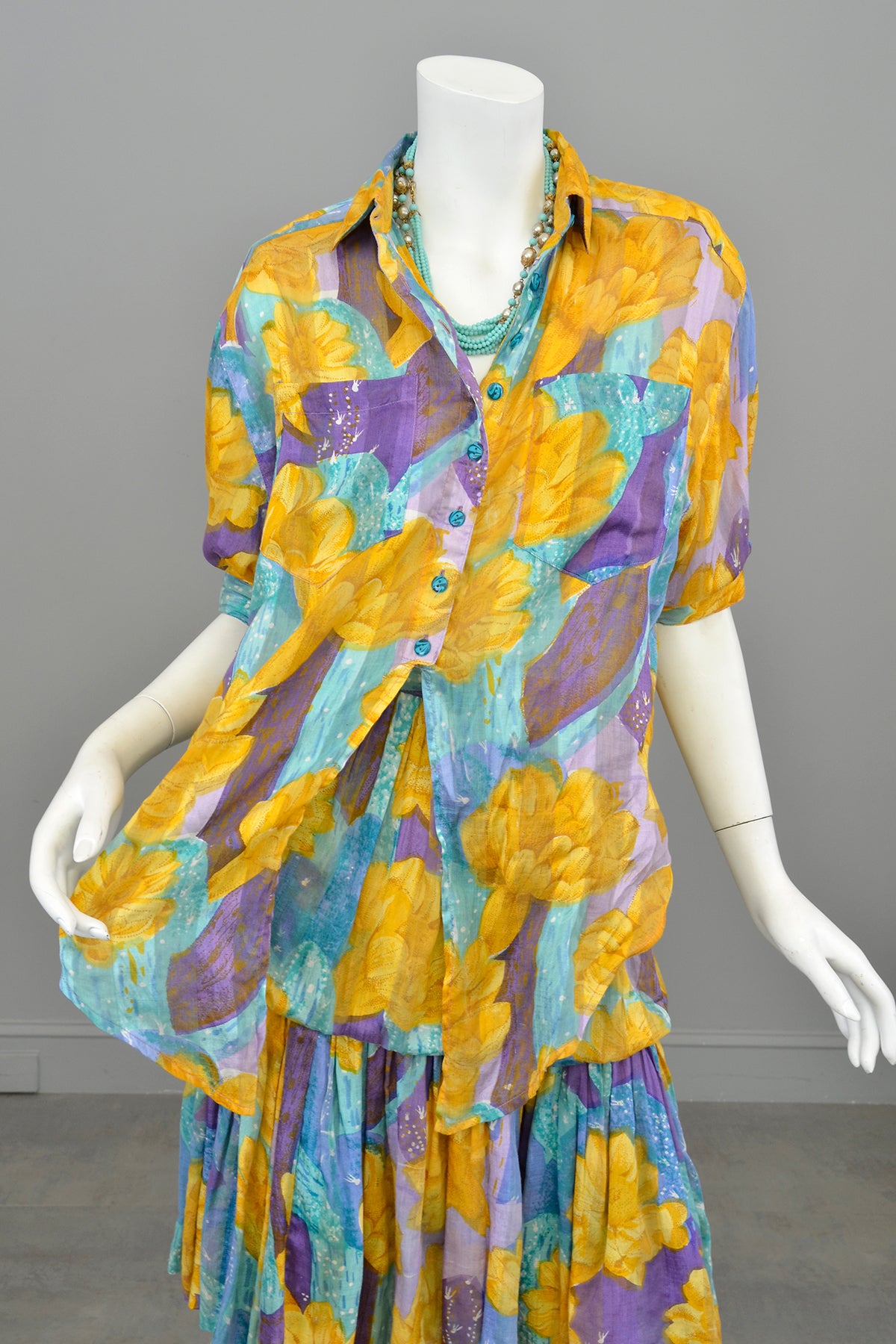 1970s 80s Gold Purple Aqua Watercolor Desert Floral Print Bubble Skirt + Tie Front Blouse Set