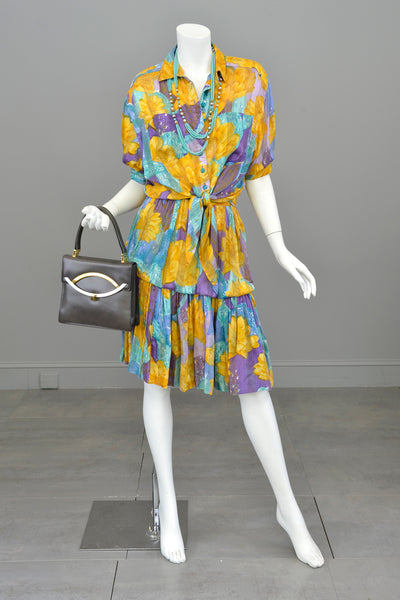 1970s 80s Gold Purple Aqua Watercolor Desert Floral Print Bubble Skirt + Tie Front Blouse Set