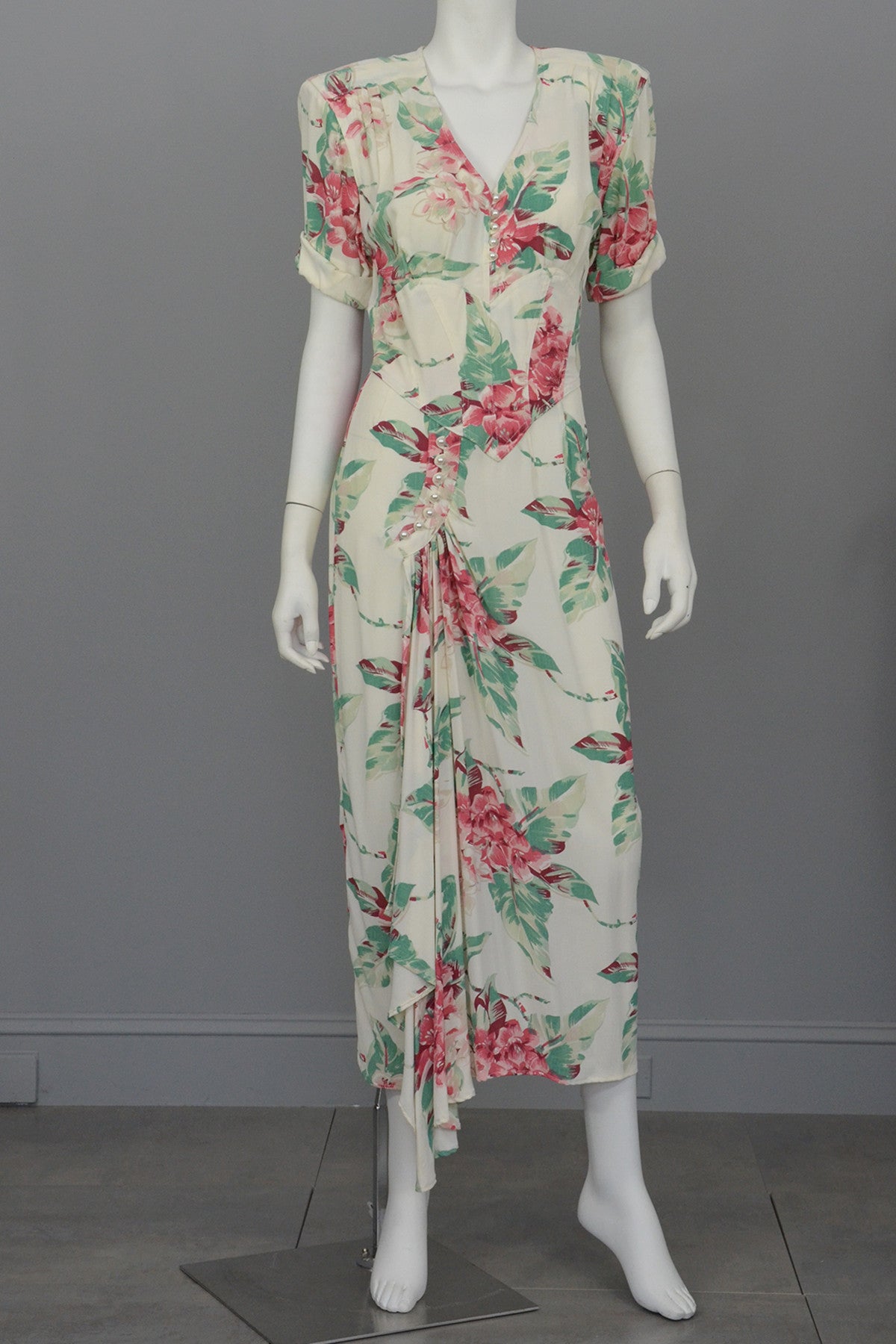 Vintage 80s does 40s Tropical Floral Print Swag Dress by Karen Alexander