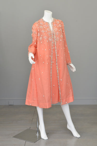 Vintage 1970s Coral Beaded Chiffon Duster Evening Coat