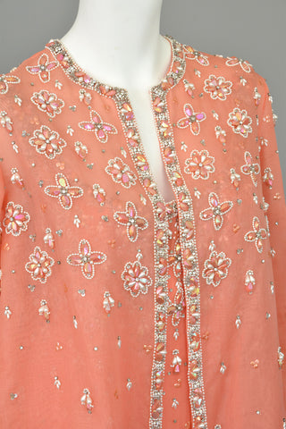 Vintage 1970s Coral Beaded Chiffon Duster Evening Coat