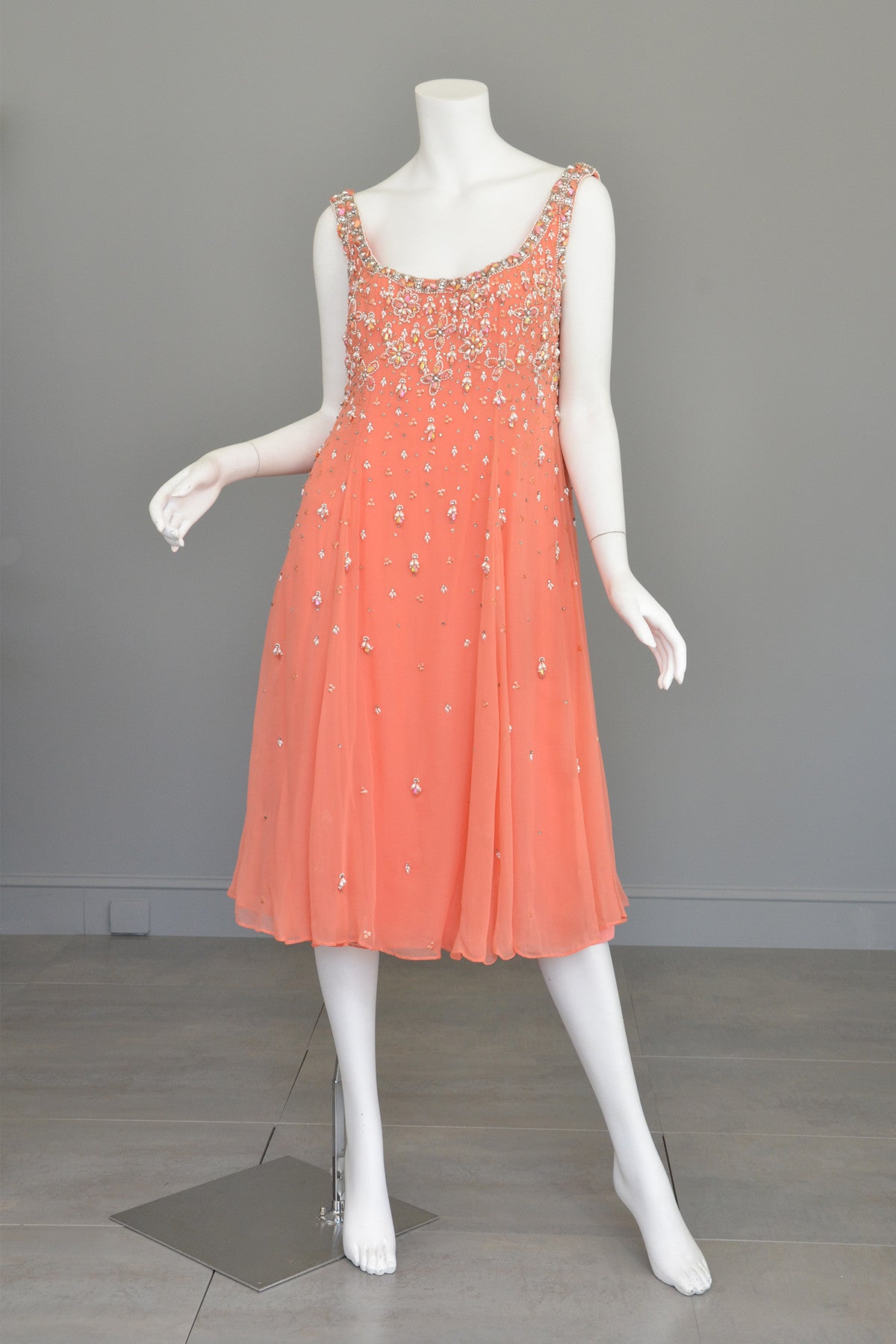 Vtg 1970s Coral Beaded Chiffon A-Line Trapeze Dress