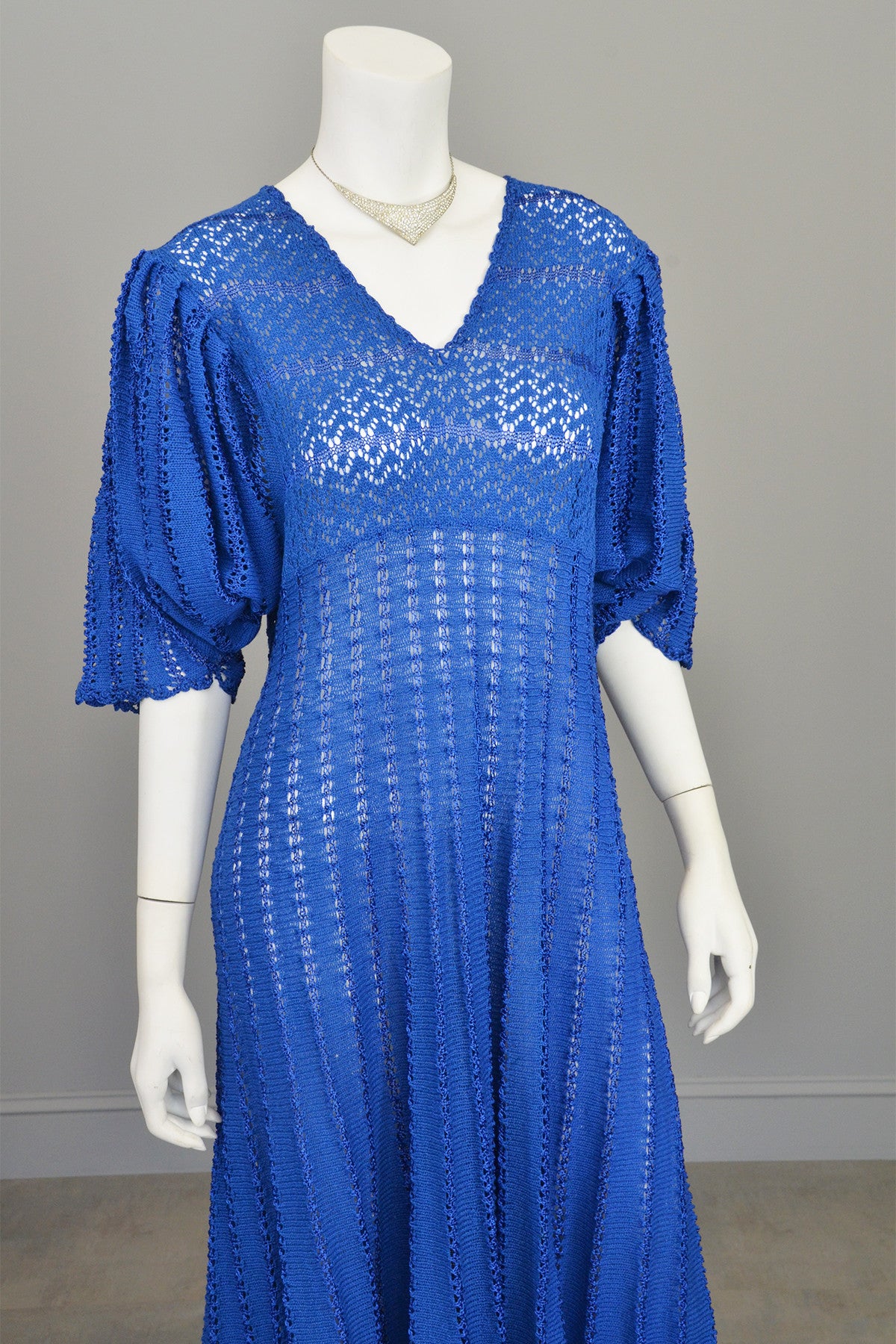 1970s Vibrant Blue Knit Crochet Dress Draping Angel Sleeves | VintageVirtuosa 1970s Vibrant Blue Knit Crochet Dress Draping Angel Sleeves | VintageVirtuosa