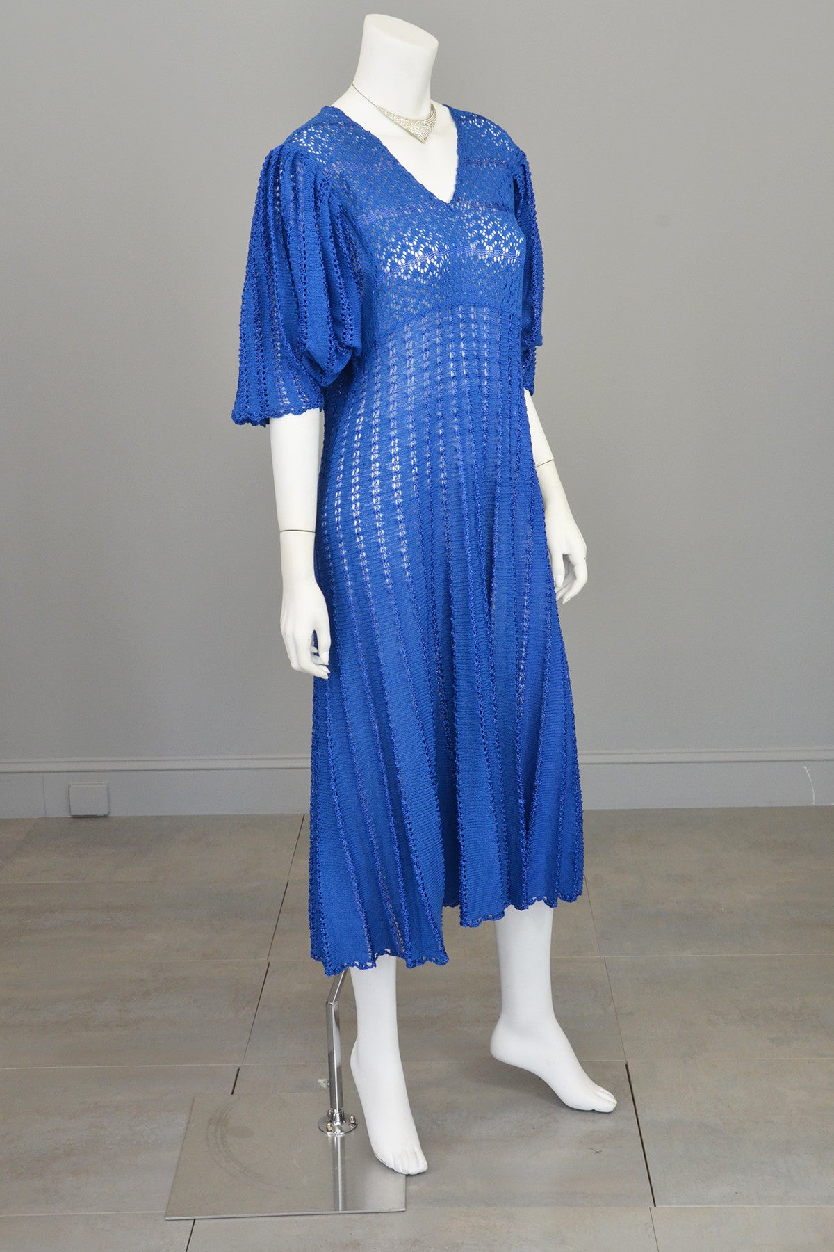 1970s Vibrant Blue Knit Crochet Dress Draping Angel Sleeves