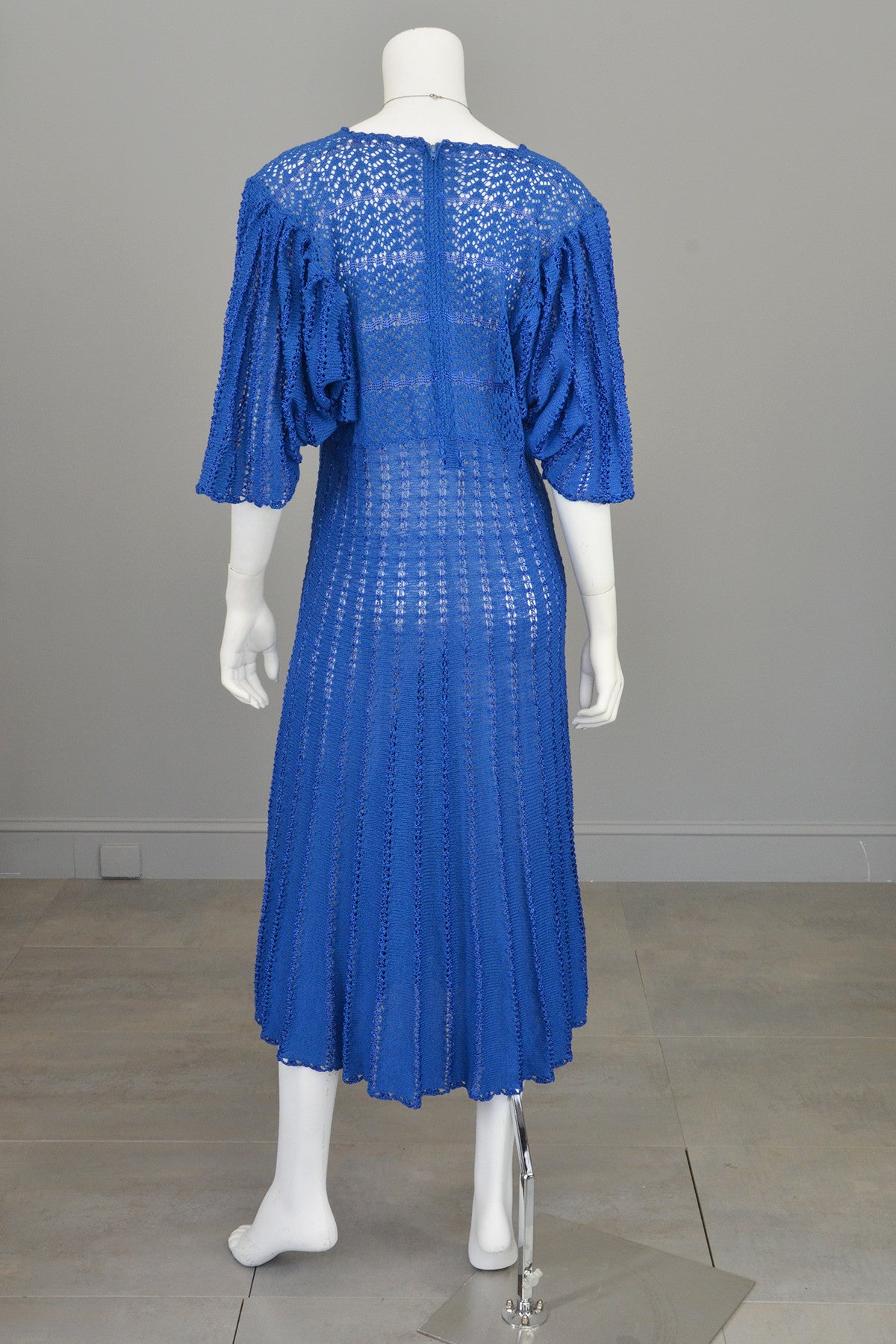 1970s Vibrant Blue Knit Crochet Dress Draping Angel Sleeves | VintageVirtuosa 1970s Vibrant Blue Knit Crochet Dress Draping Angel Sleeves | VintageVirtuosa