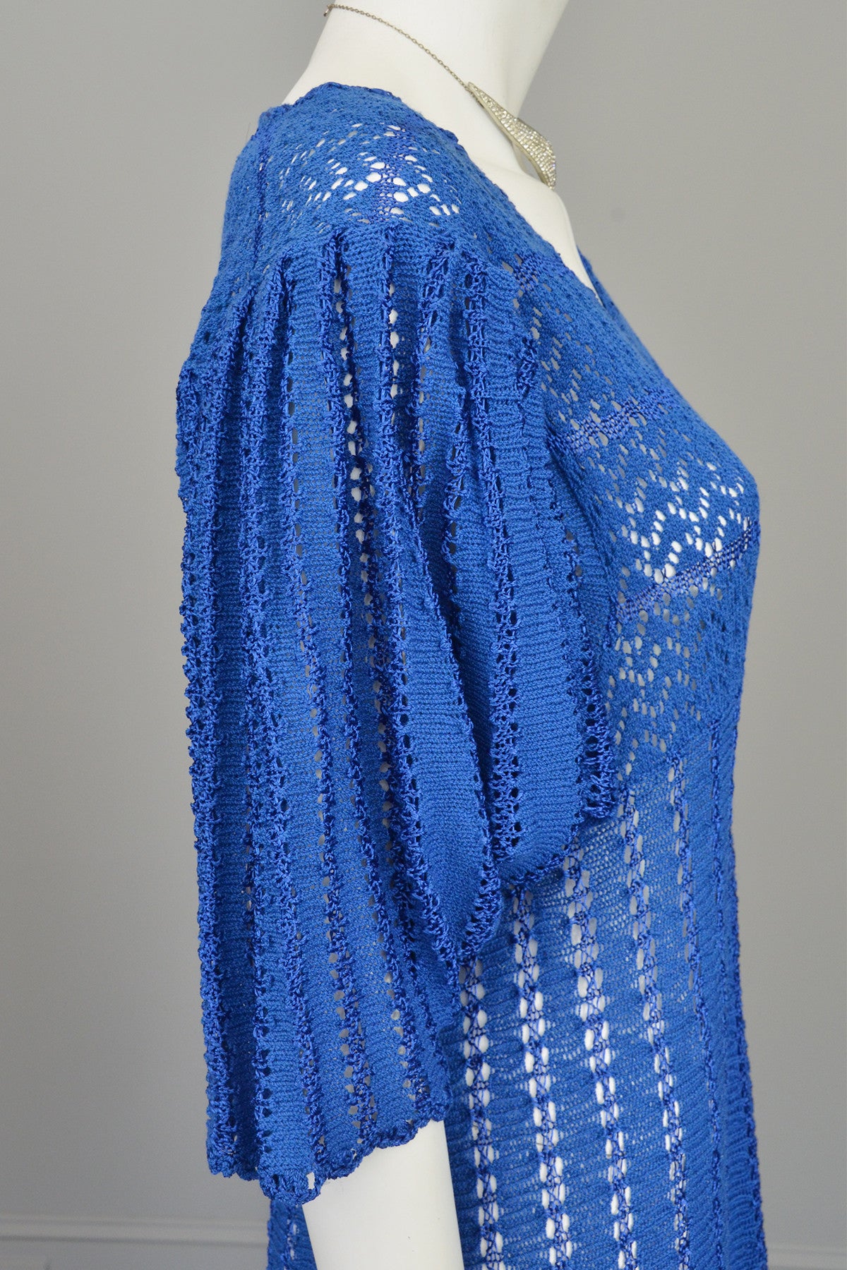 1970s Vibrant Blue Knit Crochet Dress Draping Angel Sleeves