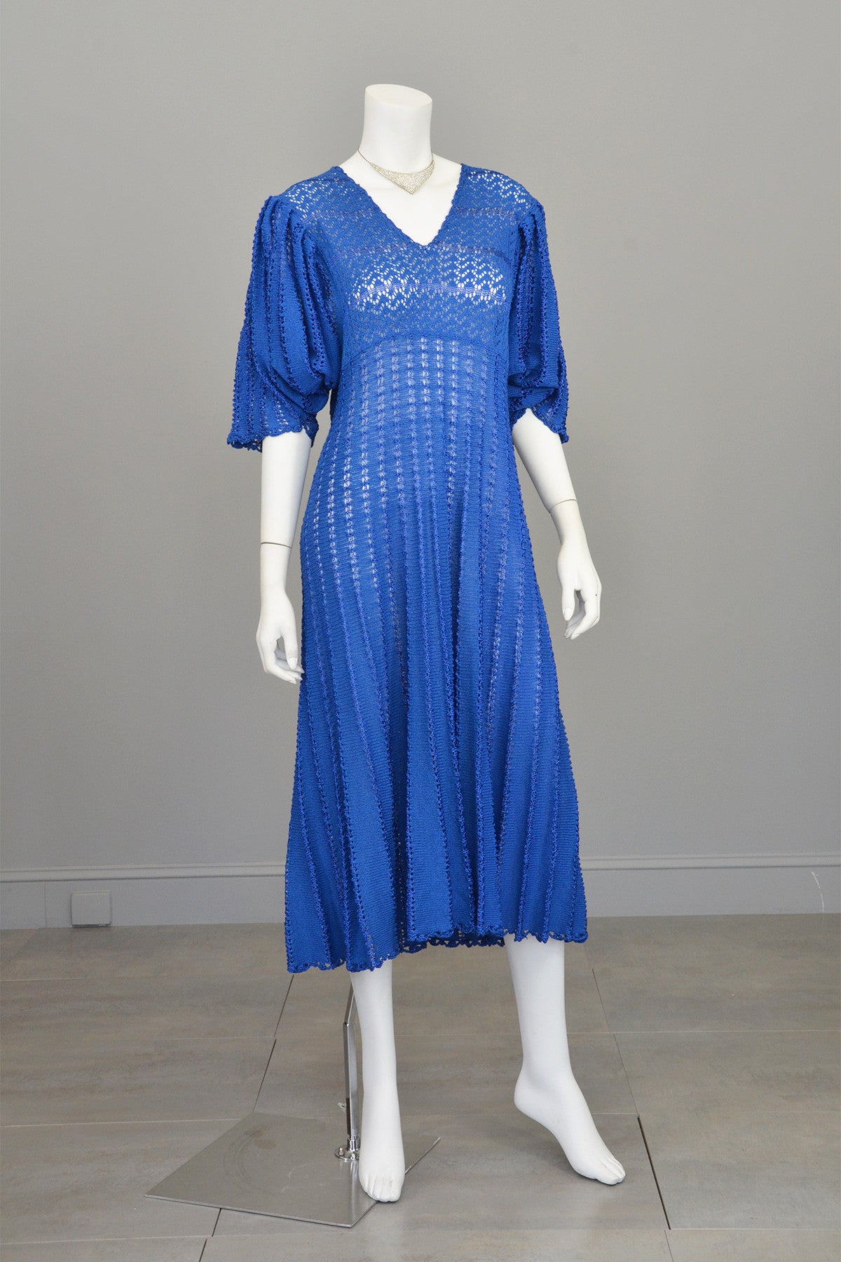 1970s Vibrant Blue Knit Crochet Dress Draping Angel Sleeves | VintageVirtuosa 1970s Vibrant Blue Knit Crochet Dress Draping Angel Sleeves | VintageVirtuosa
