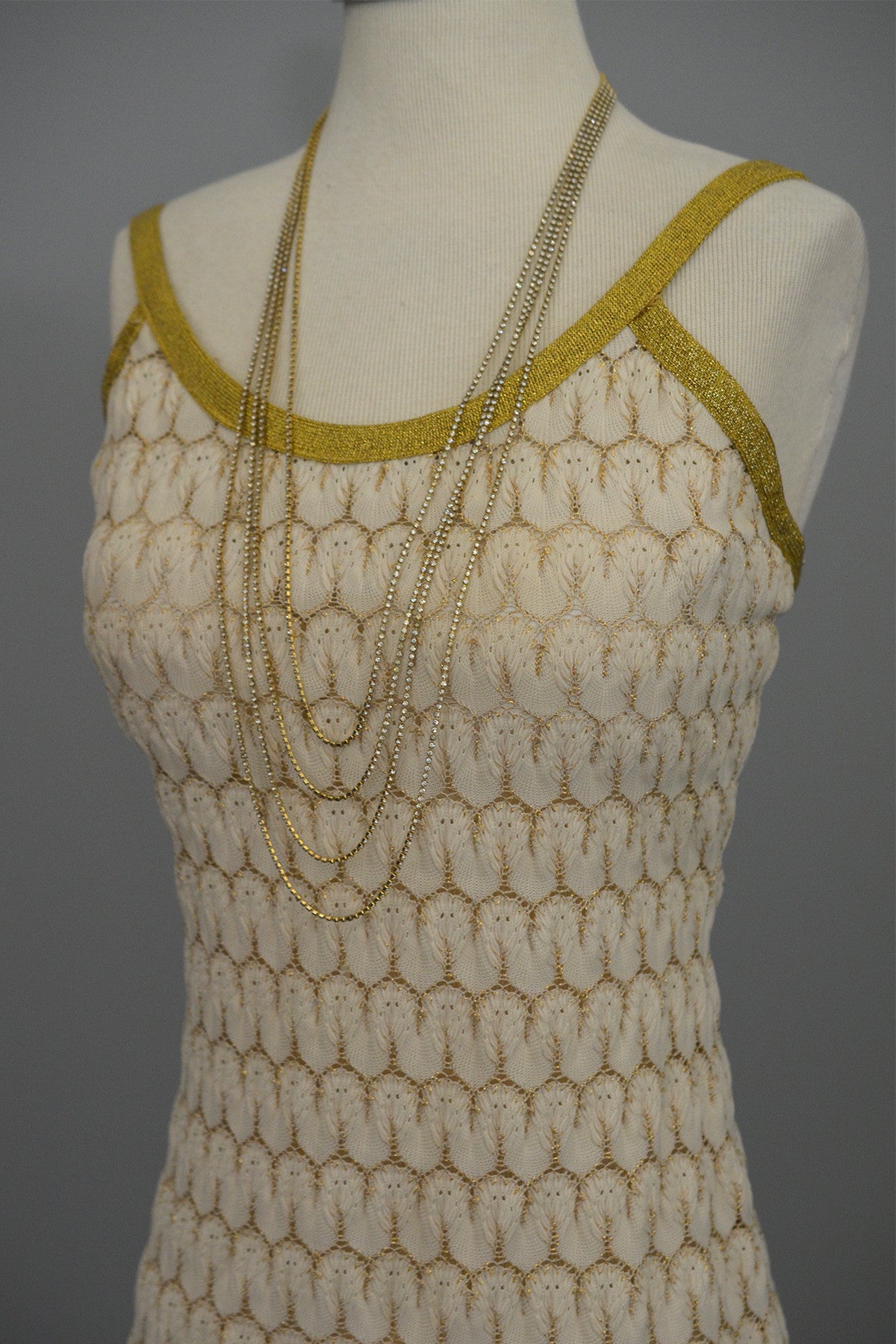 1970s Cream Gold Textured Knit Maxi Dress