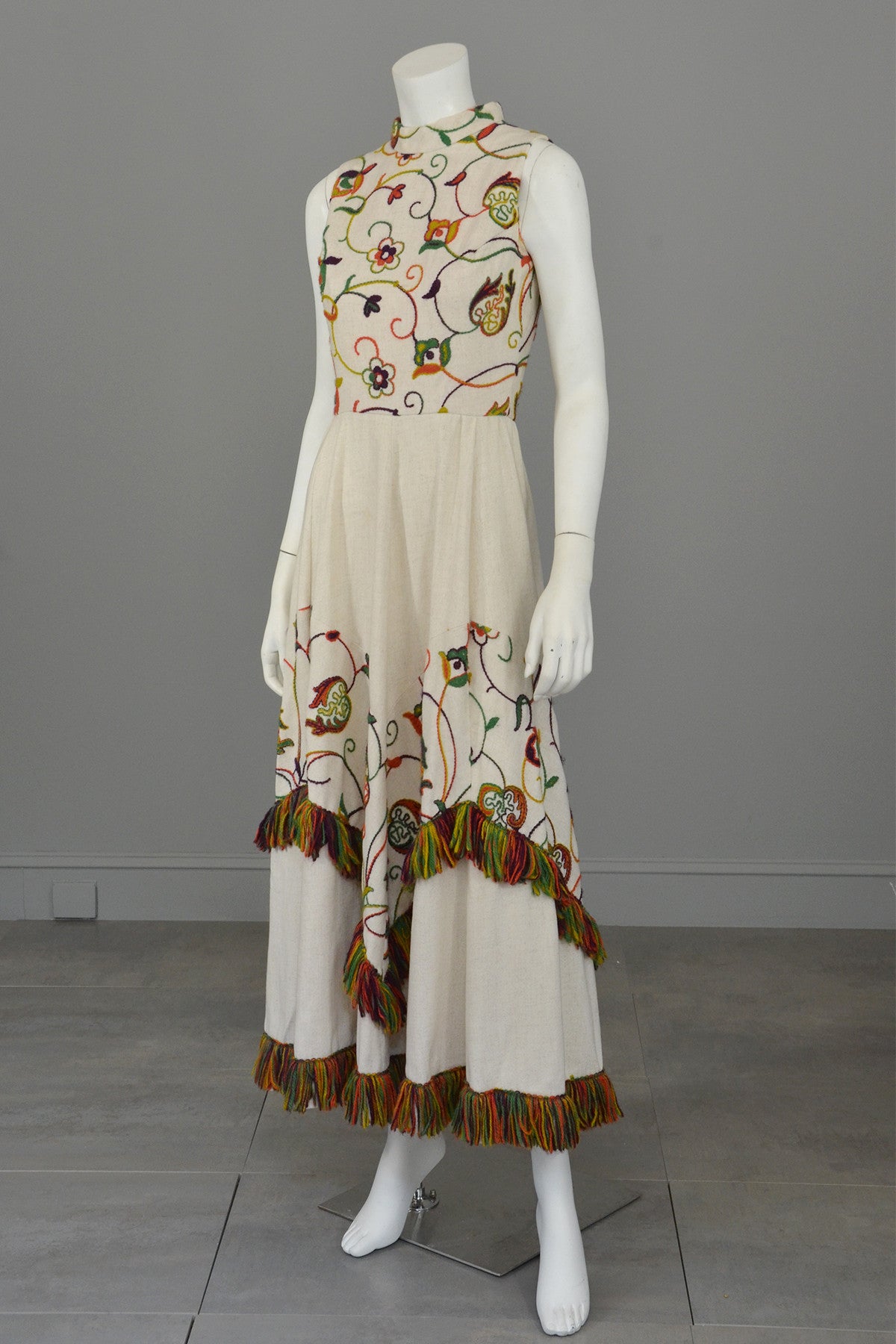 retro weave dress 1970s Vintage Yarn Embroidered & Fringe Maxi Dress Chevron Panels Hipp