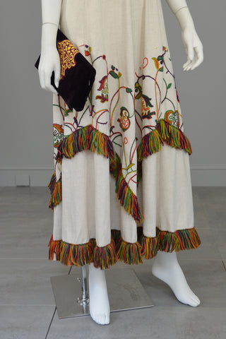 1970s Vintage Yarn Embroidered & Fringe Maxi Dress Chevron Panels Hippie Chic