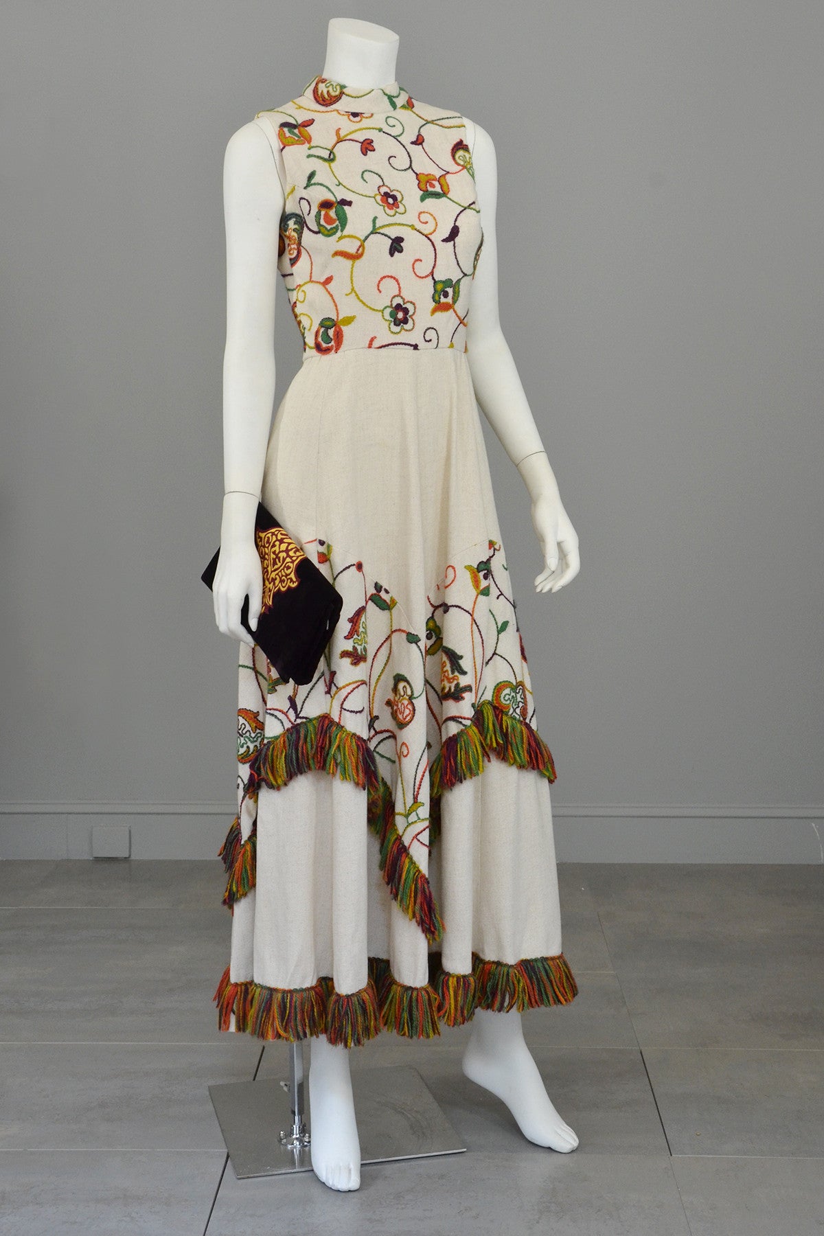 1970s Vintage Yarn Embroidered & Fringe Maxi Dress Chevron Panels Hippie Chic 1970s Vintage Yarn Embroidered & Fringe Maxi Dress Chevron Panels Hippie Chic