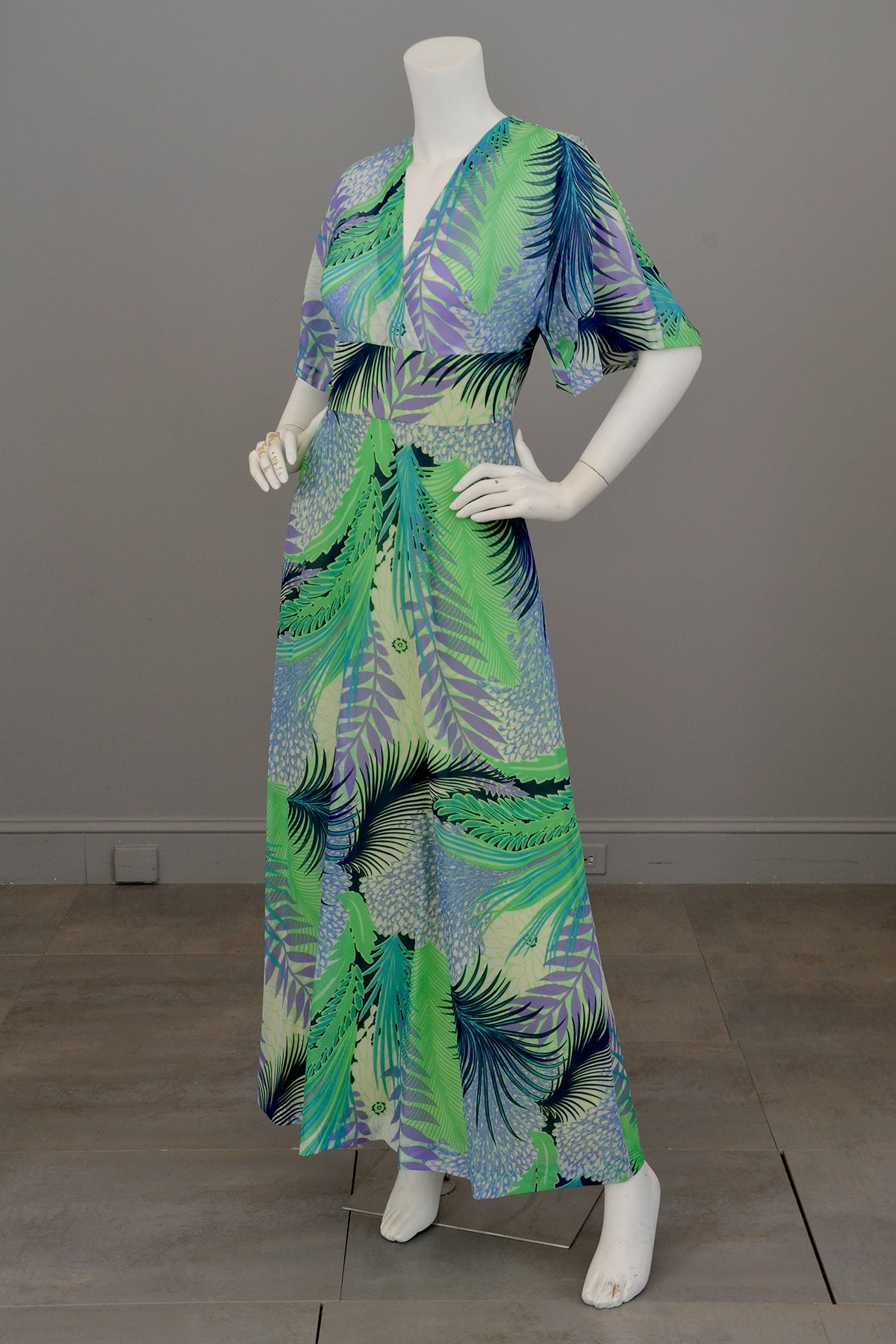 1970s Chiffon Feather Print Maxi Dress with Flutter Sleeves