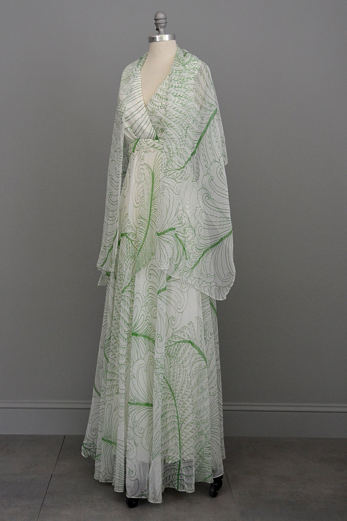 chiffon babydoll dress 1970s Feather Print Chiffon Baby Doll Maxi Dress with Matching Shawl
