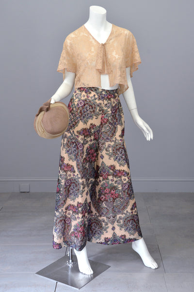 1970s Lacey Floral Print Palazzo Pants