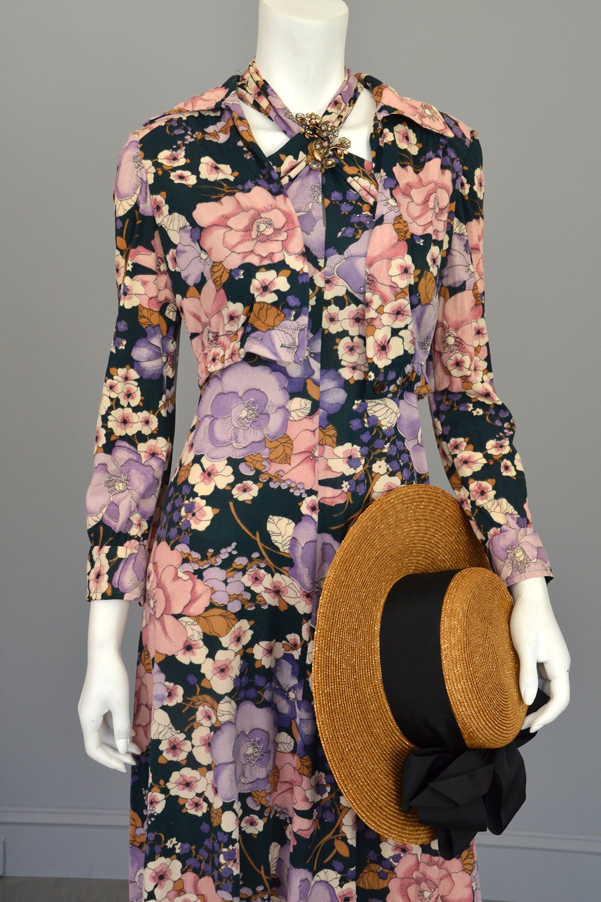 1970s Twisted Halter Keyhole Floral Print Maxi Dress + Matching Jacket