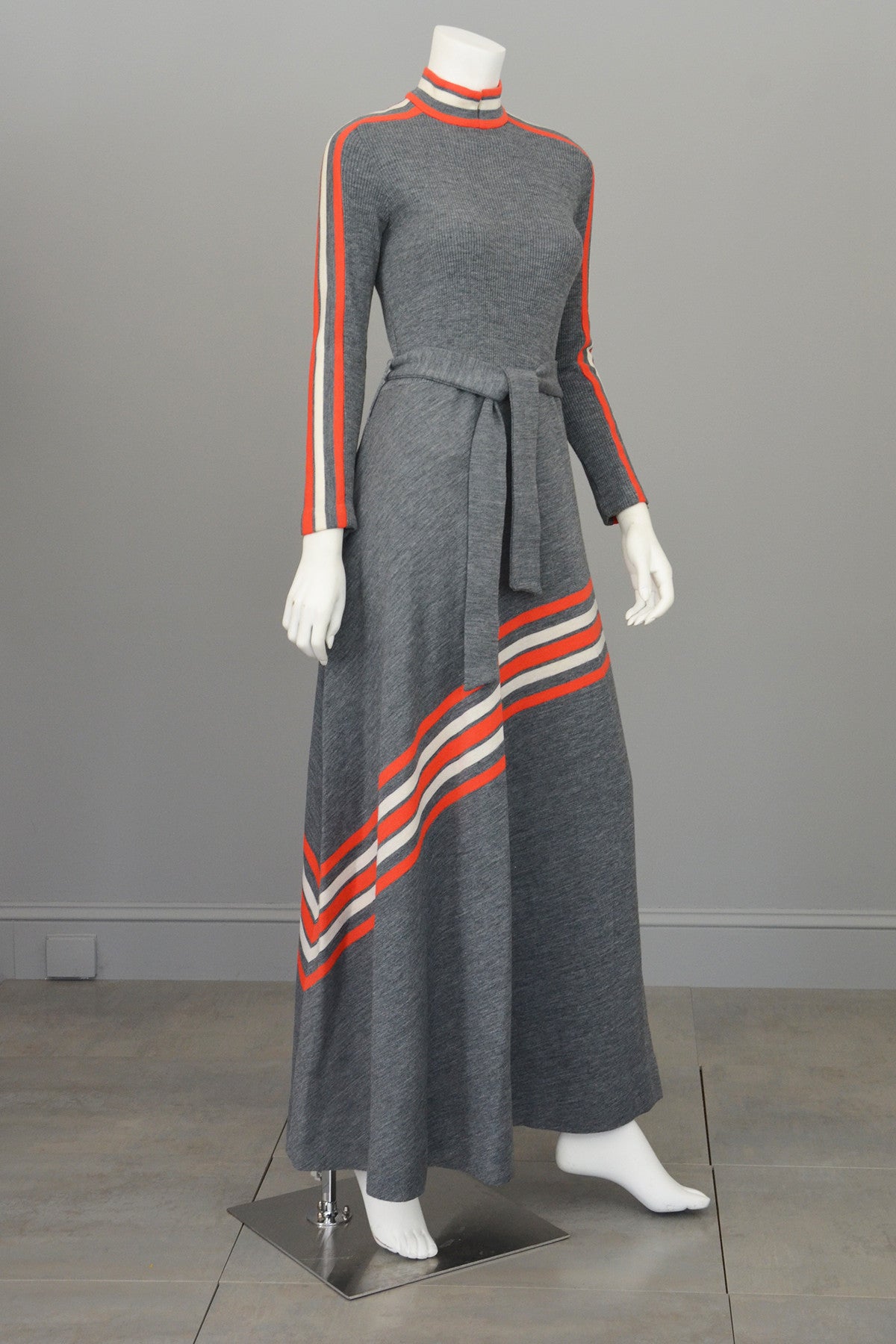 Groovy 1970s MOD Grey and Vermilion Red Striped Knit Maxi Dress by Arbe Made in Italy
