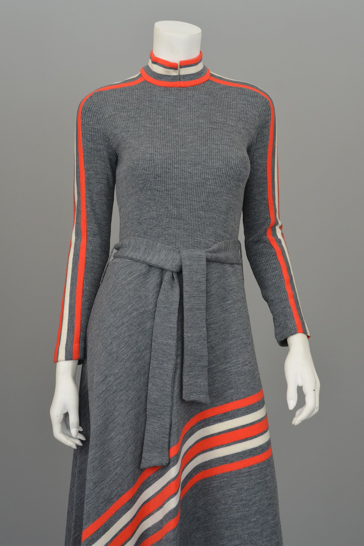 Groovy 1970s MOD Grey and Vermilion Red Striped Knit Maxi Dress by Arbe Made in Italy