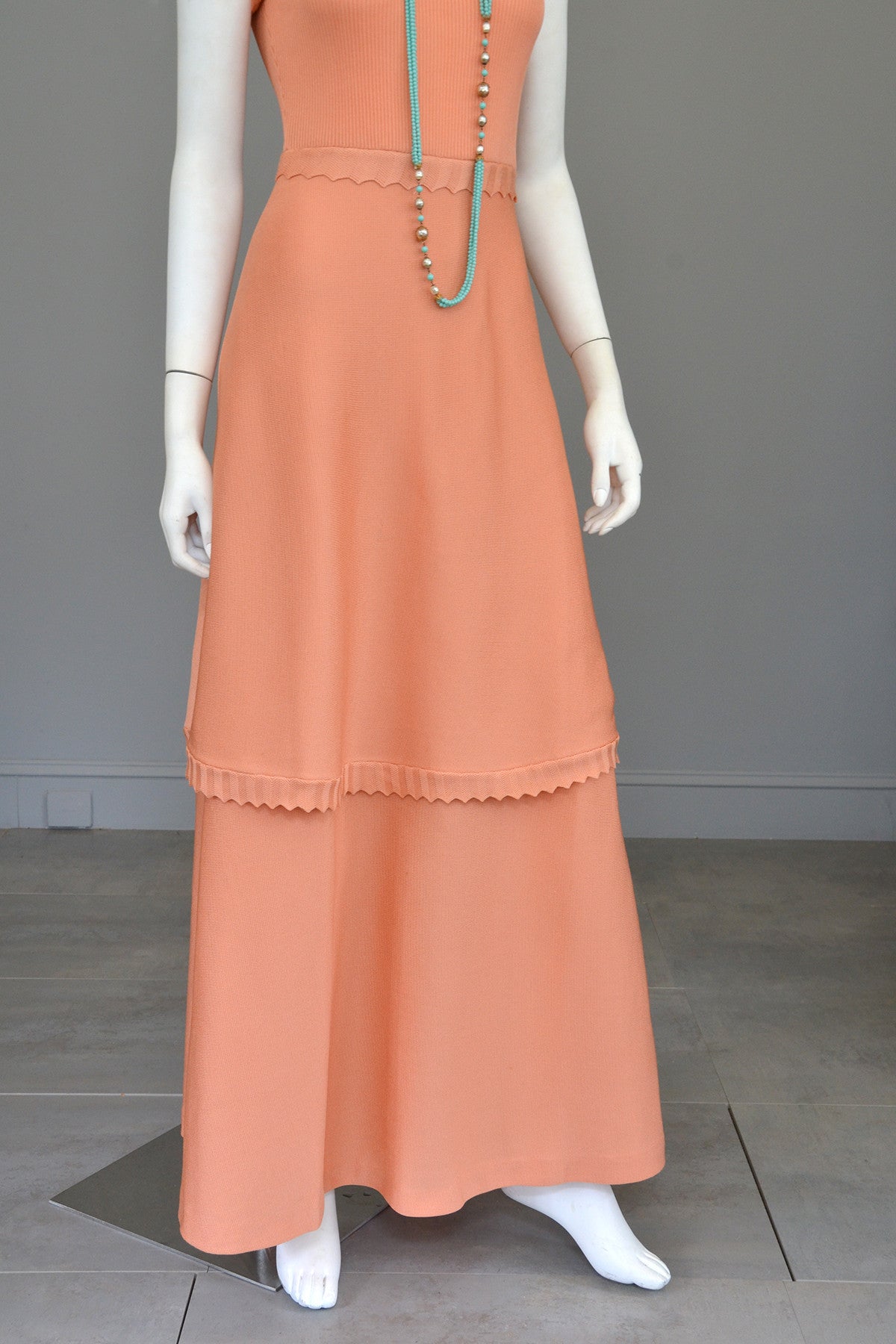 1970s Light Coral Italian Knit Dress with Long Peplum Skirt