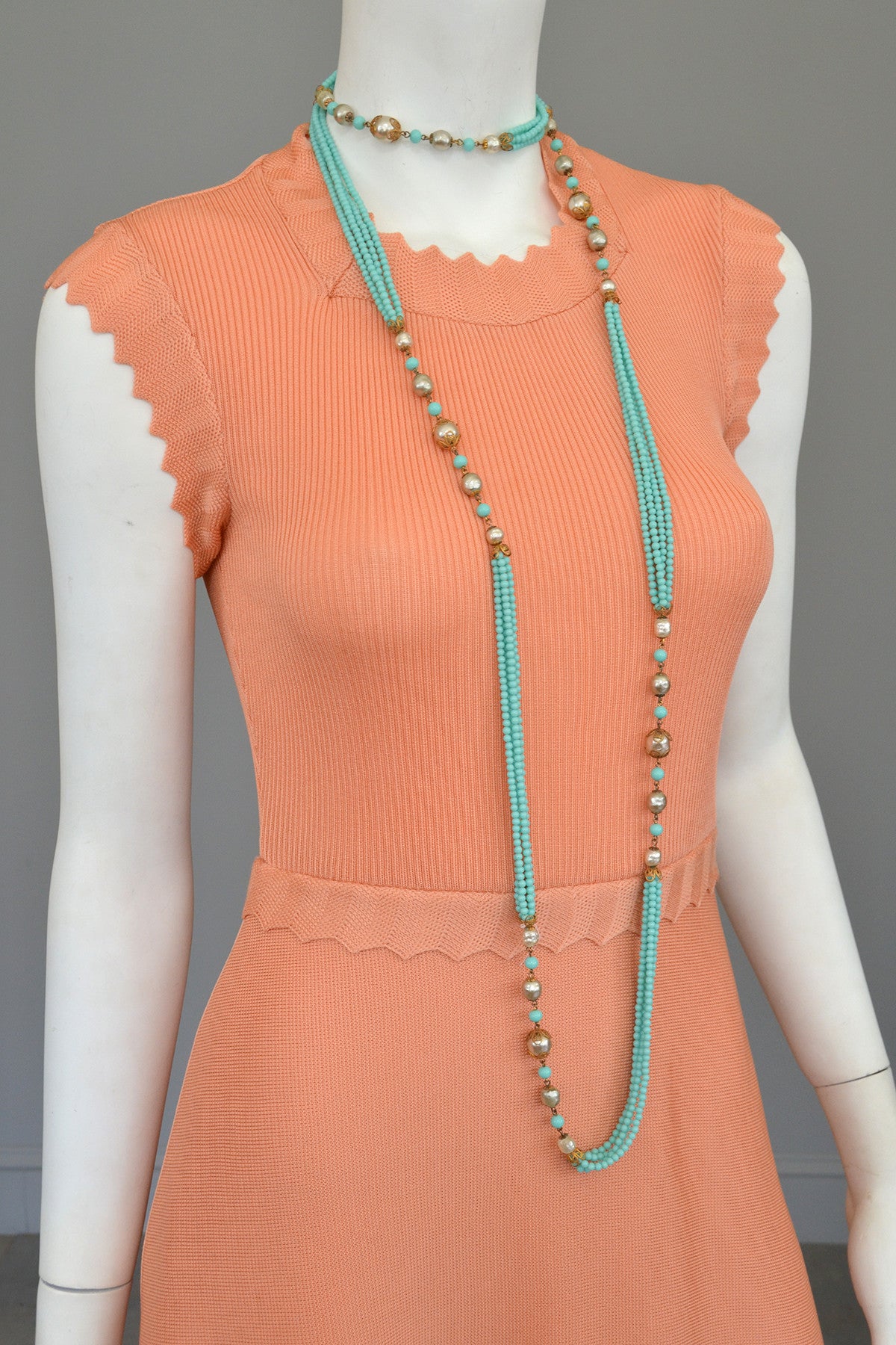 1970s Light Coral Italian Knit Dress with Long Peplum Skirt