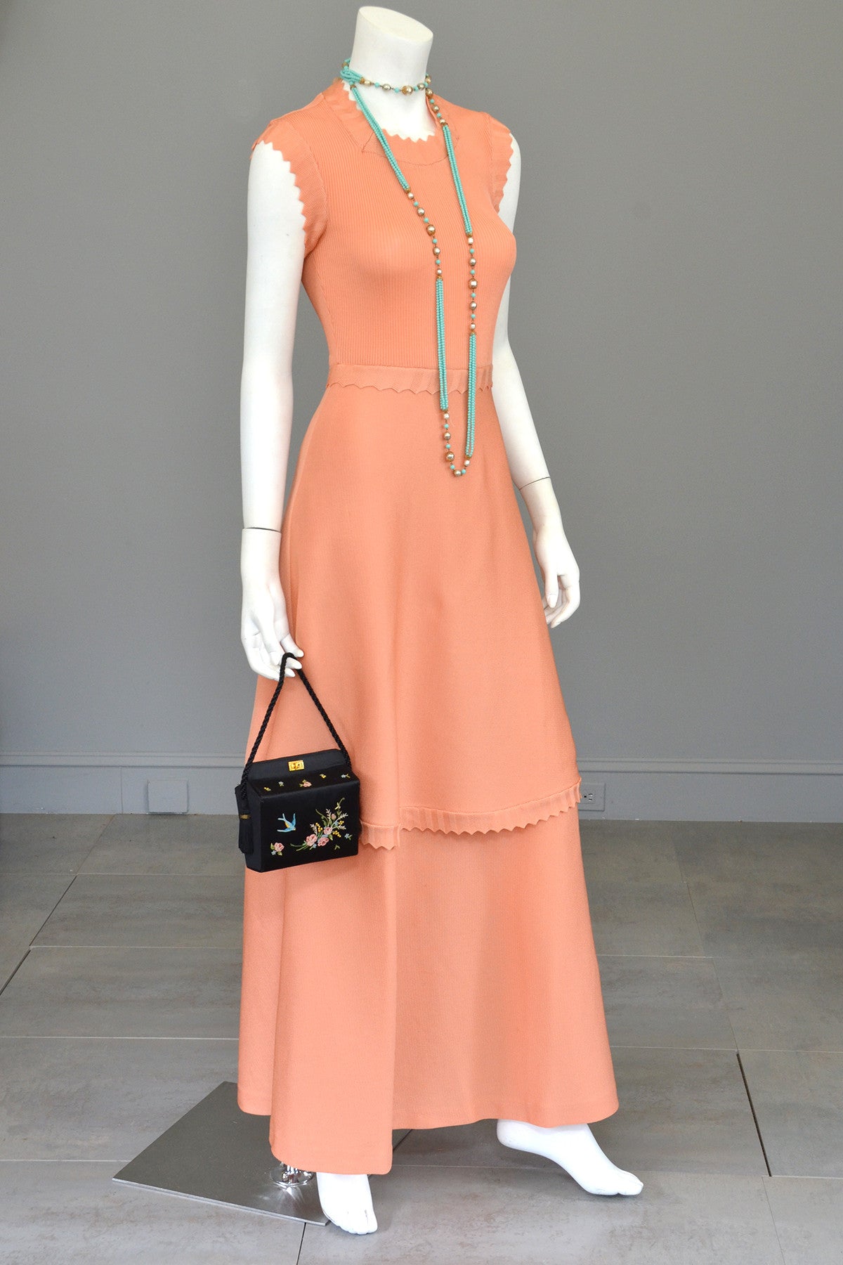 1970s Light Coral Italian Knit Dress with Long Peplum Skirt | VintageVirtuosa 1970s Light Coral Italian Knit Dress with Long Peplum Skirt | VintageVirtuosa
