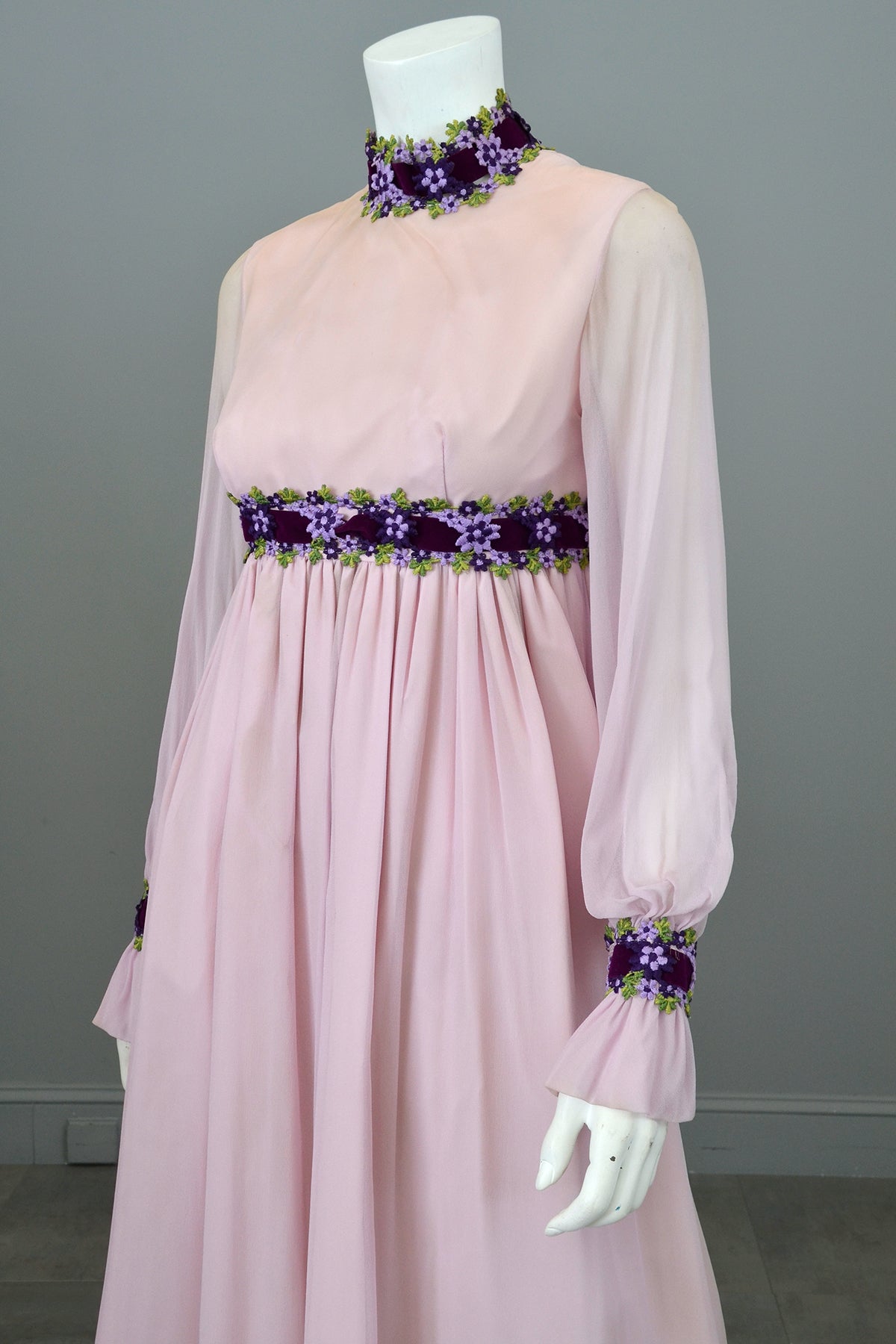 1970's Lilac Chiffon Cottagecore Peasant Maxi Dress | Vintage Bridesmaid Dress