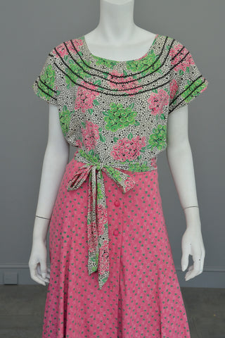 1970s Preppy Pink and Green Heart Shaped Floral Print Button Down Maxi Skirt