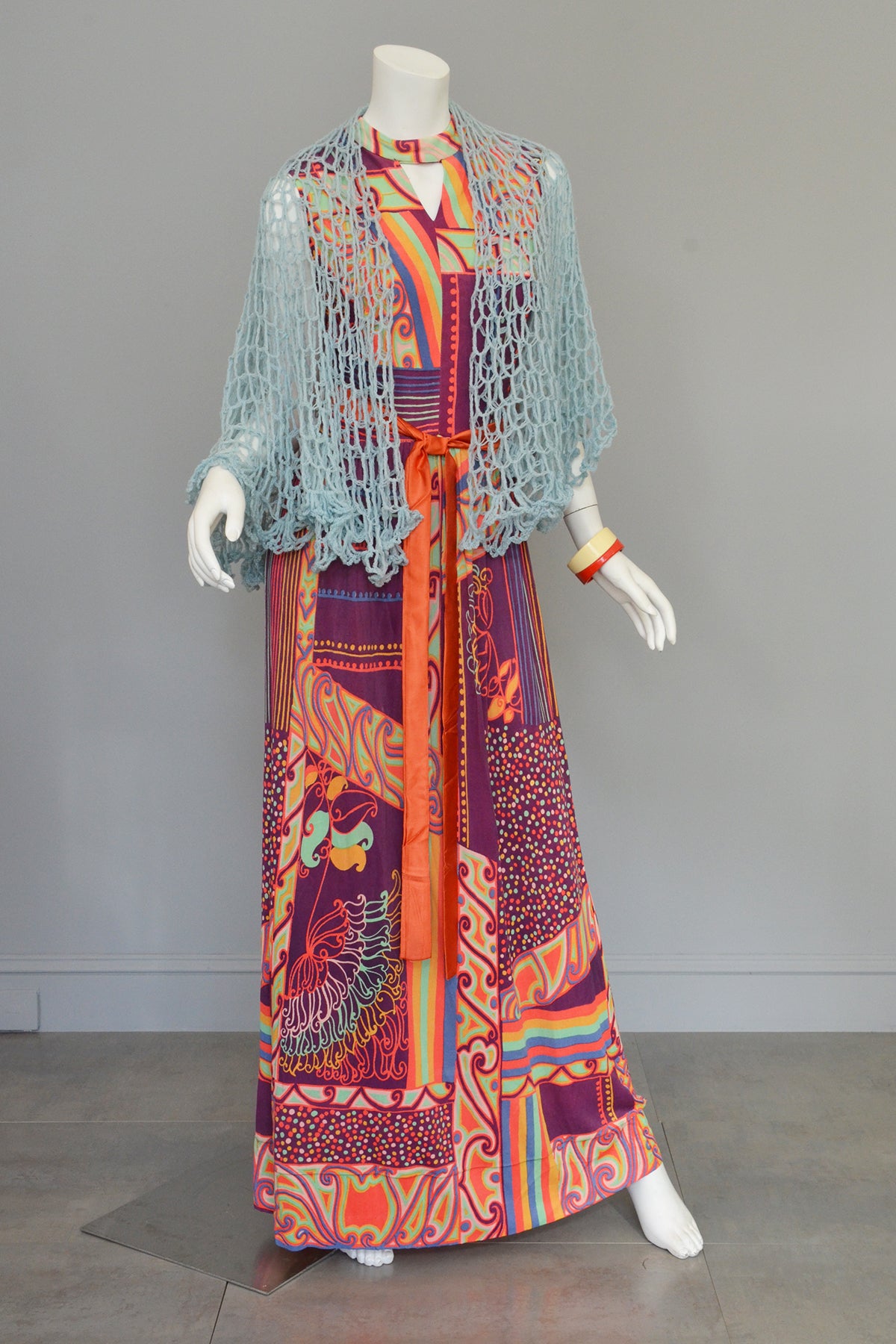 1970s Colorful Op Art Silky Knit Maxi Dress Keyhole Neckline