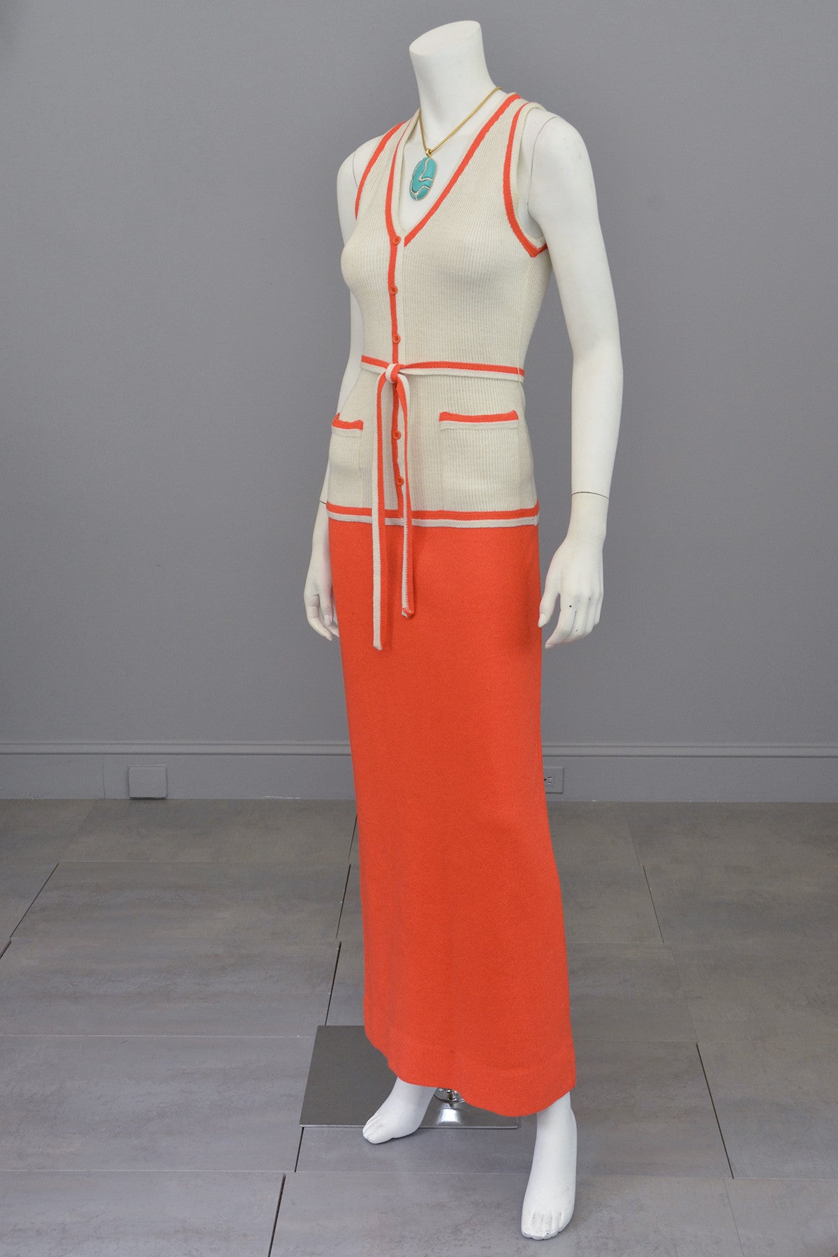 1970s Orange and Off-White Color Block ModKnit Maxi Dress | VintageVirtuosa 1970s Orange and Off-White Color Block ModKnit Maxi Dress | VintageVirtuosa