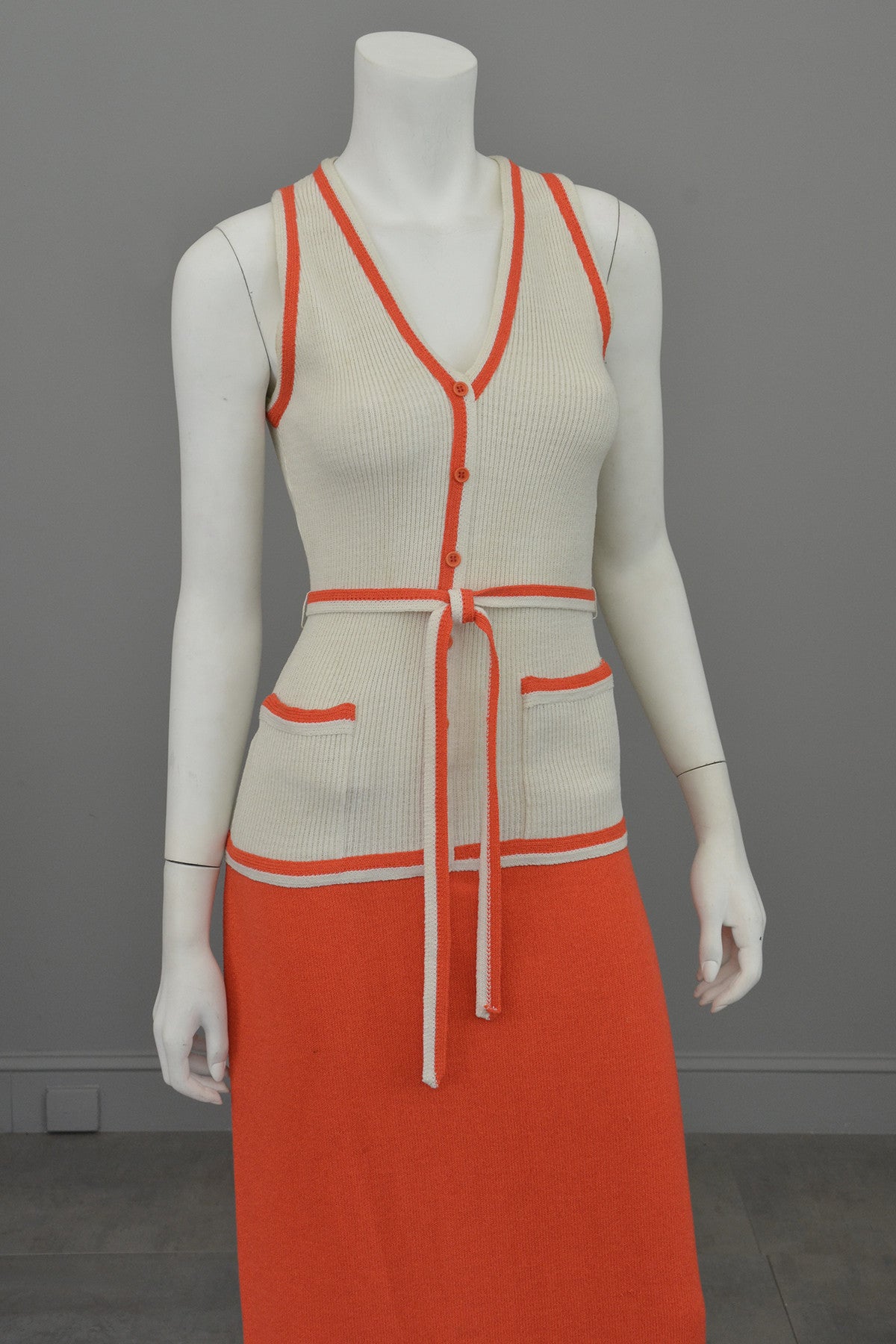 1970s Orange and Off-White Color Block ModKnit Maxi Dress