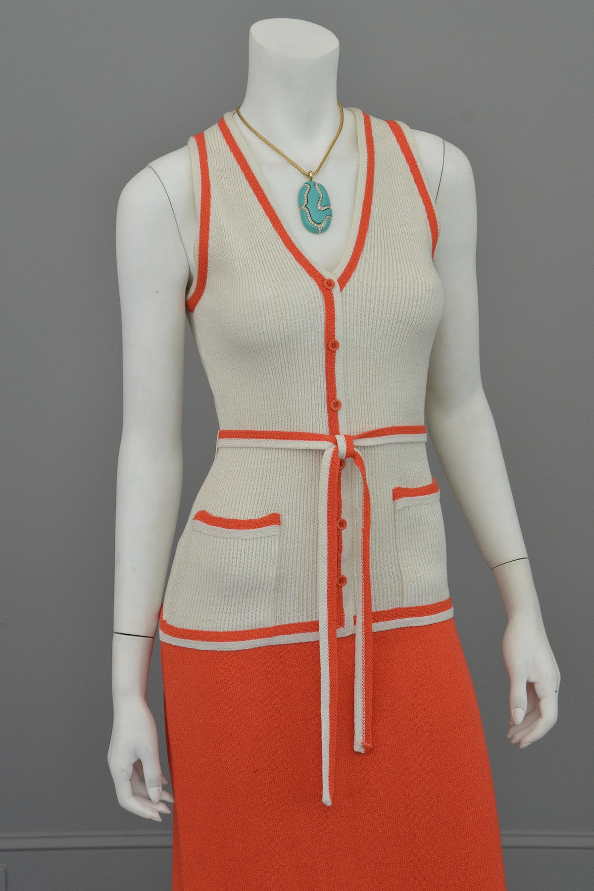 1970s Orange and Off-White Color Block ModKnit Maxi Dress