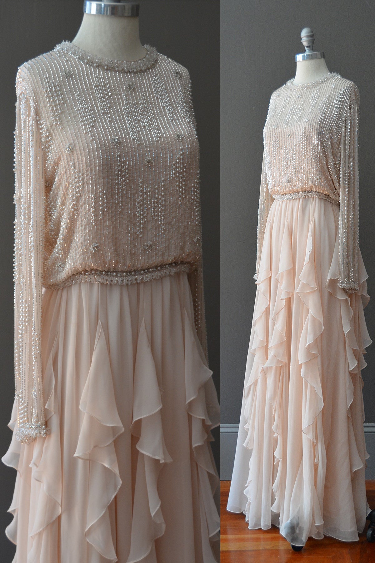 1970s Beaded Silk Chiffon Flutter Hem Gown Maxi Dress