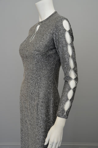 1970s Metallic Sliver Keyhole Sleeves Cheongsam Style Dress