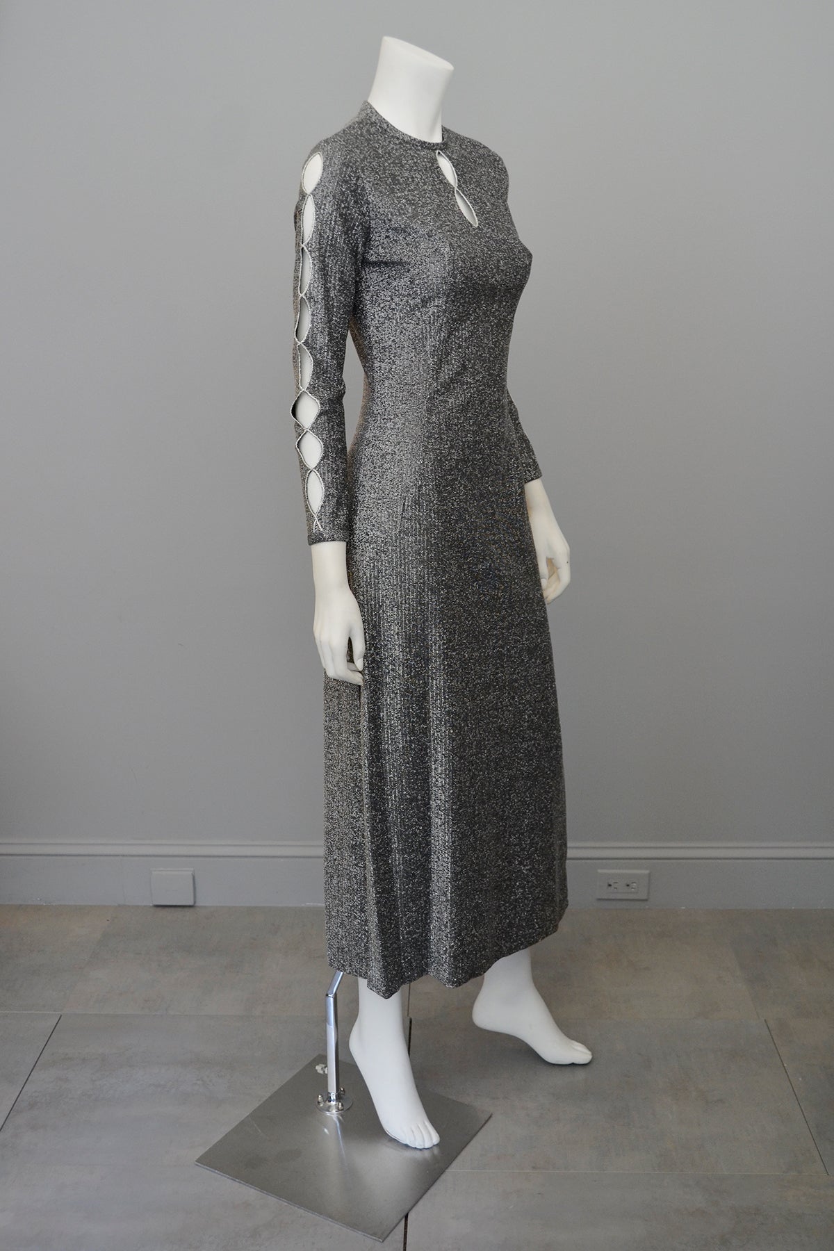 70s metallic dress 70s Metallic Feather Maxi Dress