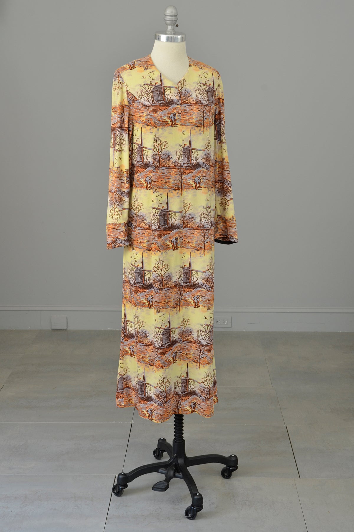 1970s Pastoral Windmills Novelty Print Velveteen Dress