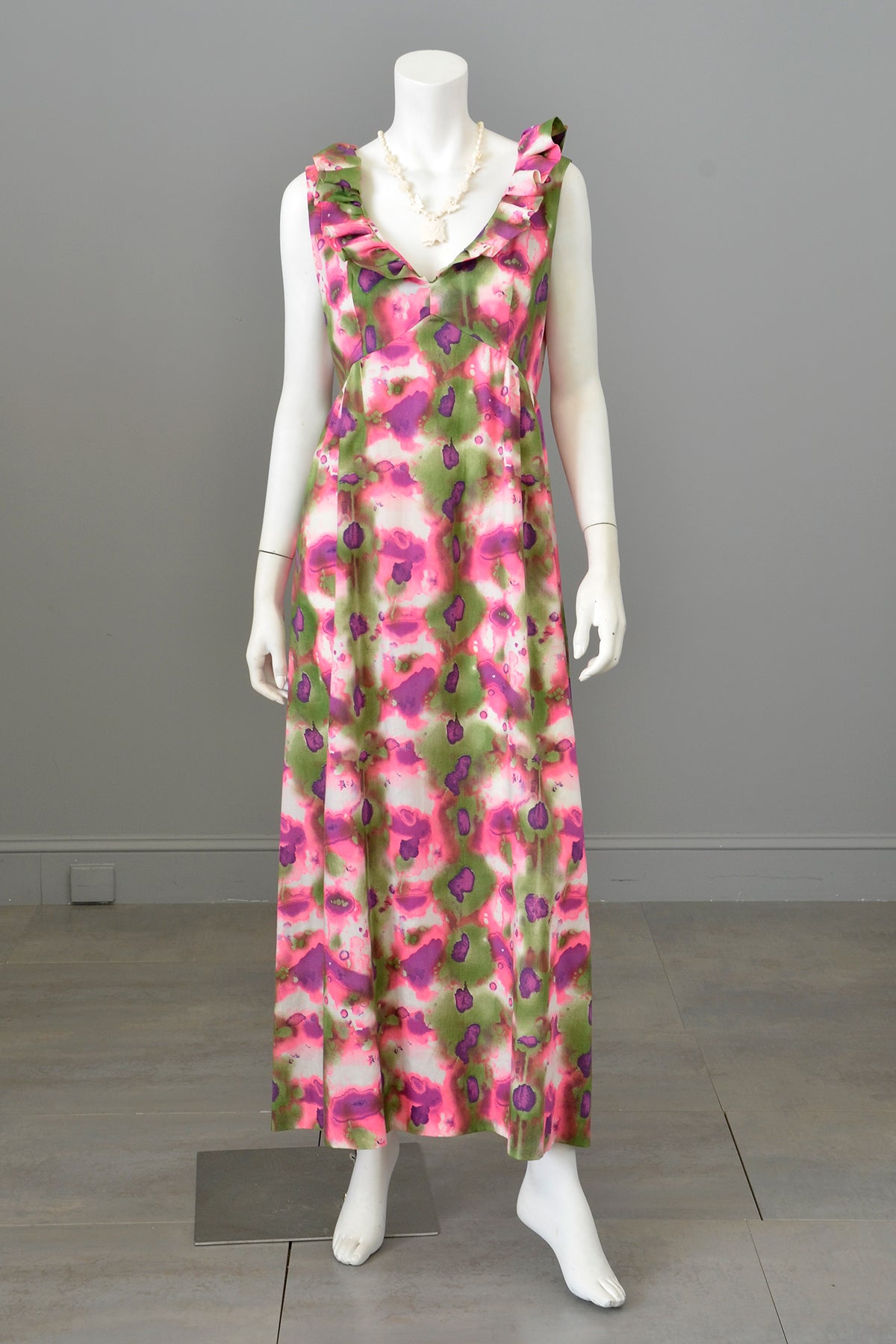 1960s 70s Hot Pink, Olive Green, Purple Watercolor Maxi Dress | Cottagecore Dress
