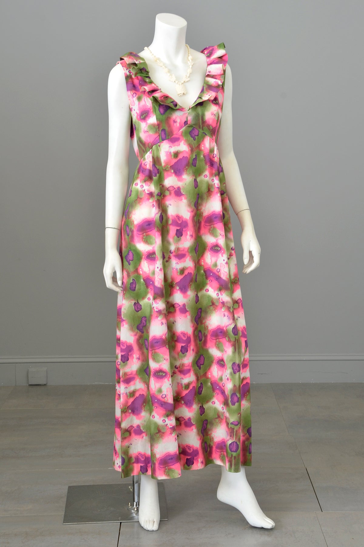 1960s 70s Hot Pink, Olive Green, Purple Watercolor Maxi Dress | Cottagecore Dress
