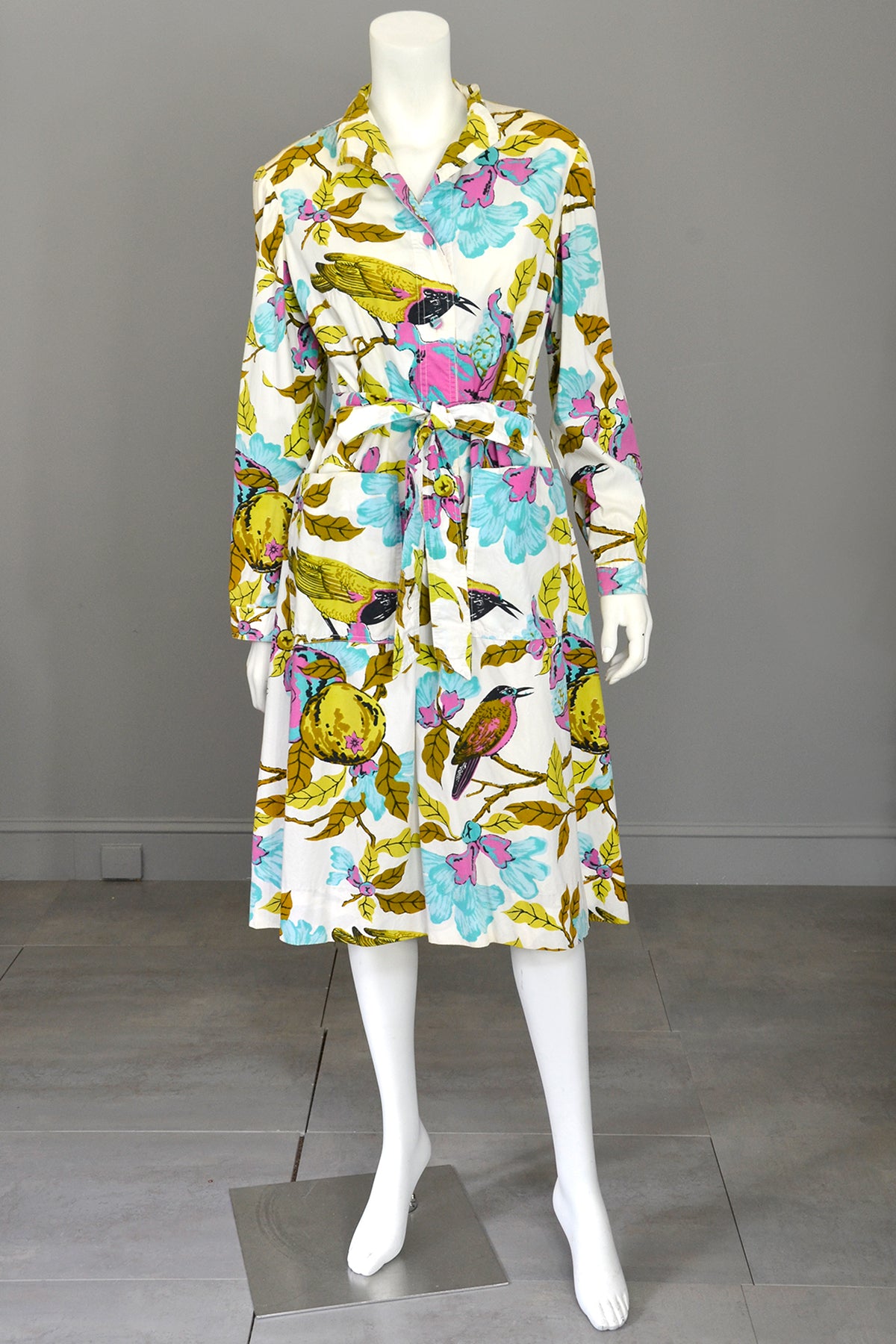 1970s shirt dress Vintage 70s Landscape House Tree Novelty Print Shirt Dress 14 16