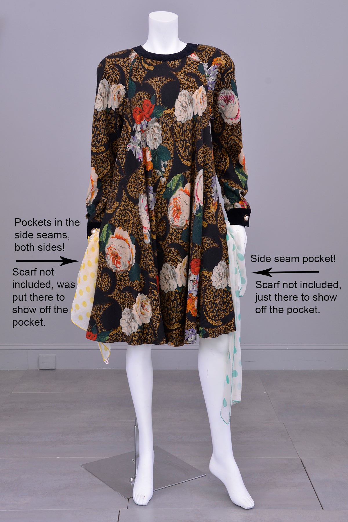 1980s Painterly Rose Print Trapeze Dress by Donna Morgan for Leslie Fa 1980s Painterly Rose Print Trapeze Dress by Donna Morgan for Leslie Fa