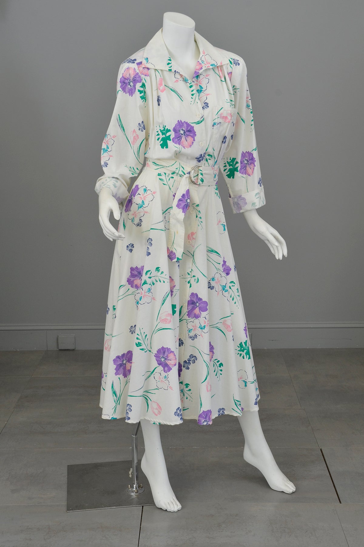 1980s White shirt waist dress, poppy print full skirt dress 1980s White shirt waist dress, poppy print full skirt dress