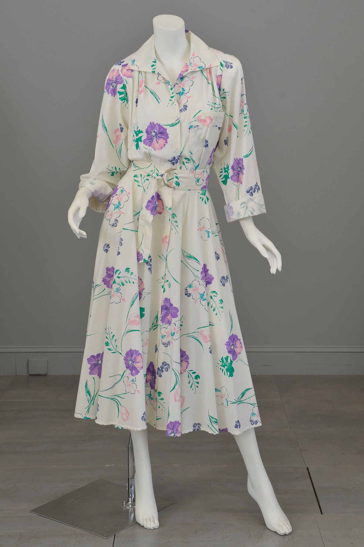 white cotton shirtwaist dress 1980s White shirt waist dress, poppy print full skirt dress