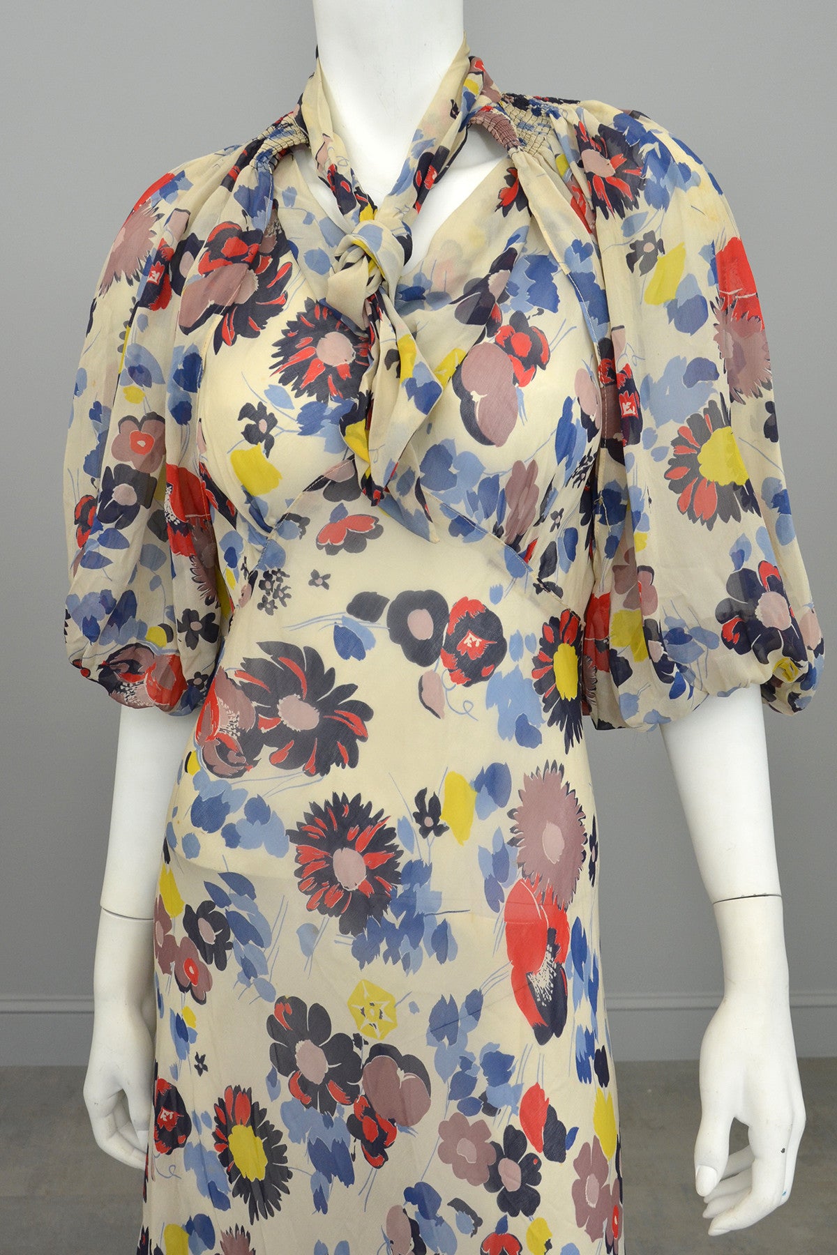 1930s Floral Print Silk Chiffon Vintage Gown and Butterfly Wing Shrug / Bolero