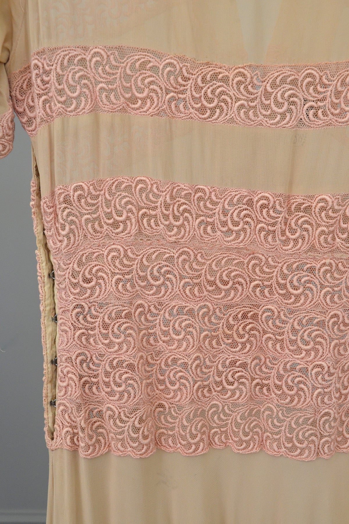 1930s Glamour Gown | Pink Embroidered Lace Ecru Rayon Crepe Deco Gown