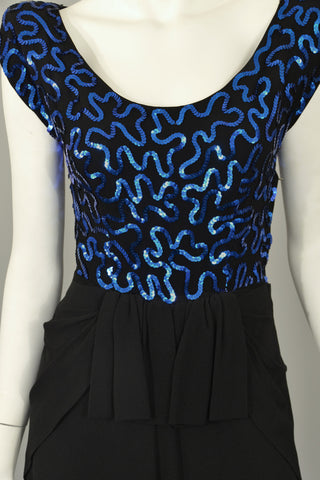 1940's Black Crepe Dress Blue Swirling Sequins & Peplum, Cocktail Dress