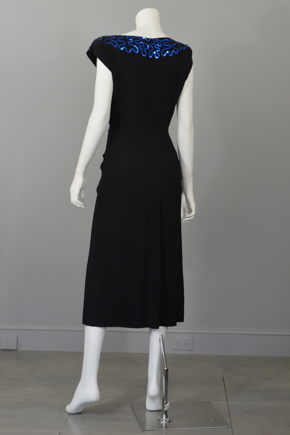 1940's Black Crepe Dress Blue Swirling Sequins & Peplum, Cocktail Dres | VintageVirtuosa 1940's Black Crepe Dress Blue Swirling Sequins & Peplum, Cocktail Dres | VintageVirtuosa