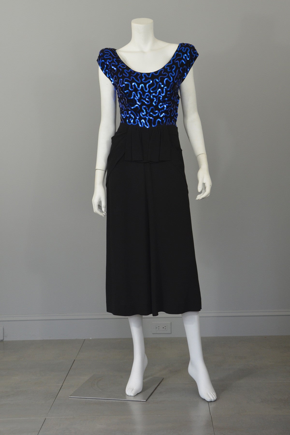 1940's Black Crepe Dress Blue Swirling Sequins & Peplum, Cocktail Dres | VintageVirtuosa 1940's Black Crepe Dress Blue Swirling Sequins & Peplum, Cocktail Dres | VintageVirtuosa
