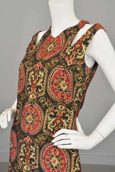 1960s Gold Metallic Open Shoulders Keyhole Tapestry Mini Dress