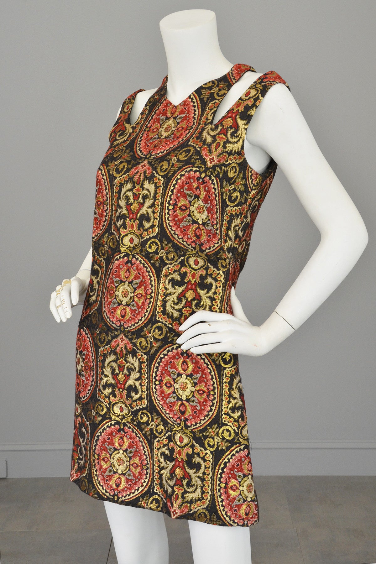 1960s Gold Metallic Open Shoulders Keyhole Tapestry Mini Dress | VintageVirtuosa 1960s Gold Metallic Open Shoulders Keyhole Tapestry Mini Dress | VintageVirtuosa