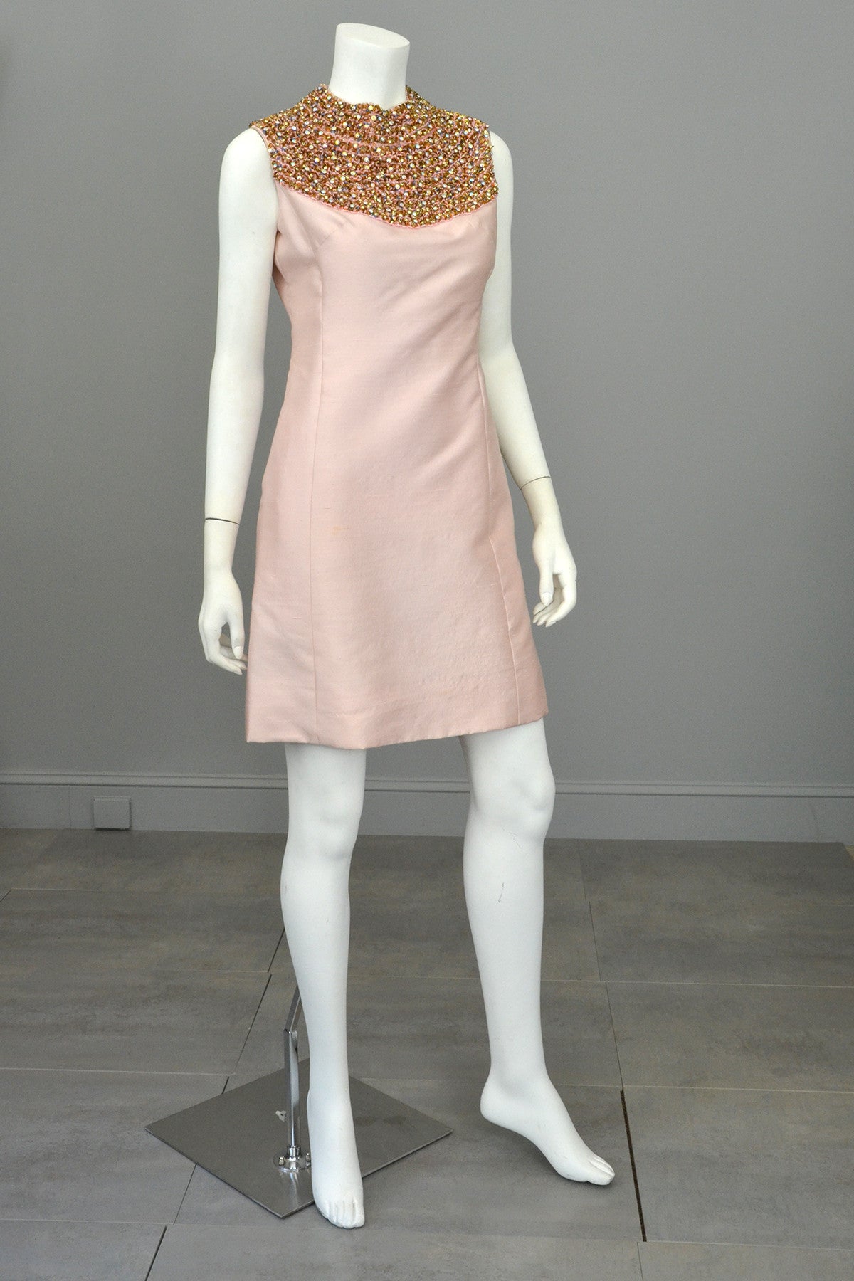 1960s Pink Silk blend Beaded Egyptian Revival Mini Dress 1960s Pink Silk blend Beaded Egyptian Revival Mini Dress