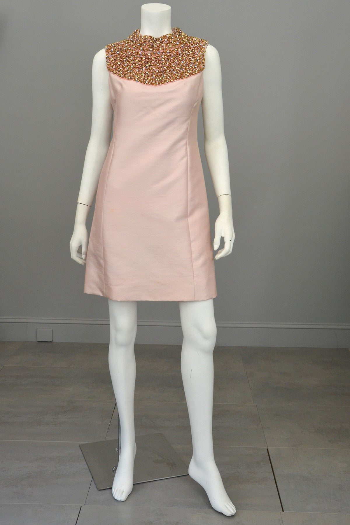 1960s Pink Silk blend Beaded Egyptian Revival Mini Dress