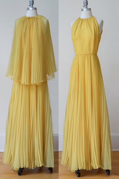 1960s MOD Pleated Marigold Chiffon Maxi Dress and Cape by Miss Bergdorf
